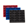 Three dog mat trays in red, blue, and black on a white background