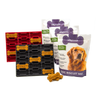 Dog biscuit making tools and silograms dog biscuit mix packaging on a white background