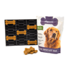Dog biscuit mix packaging with a tray of dog treats on a white background